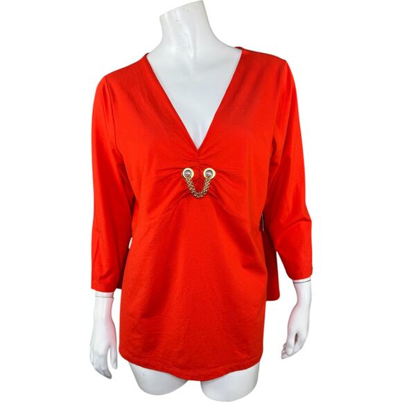 Jones New York Tops - Jones New York Orange Womens 1X Stretch 3/4 Sleeve Blouse Chain Detail V-Neck